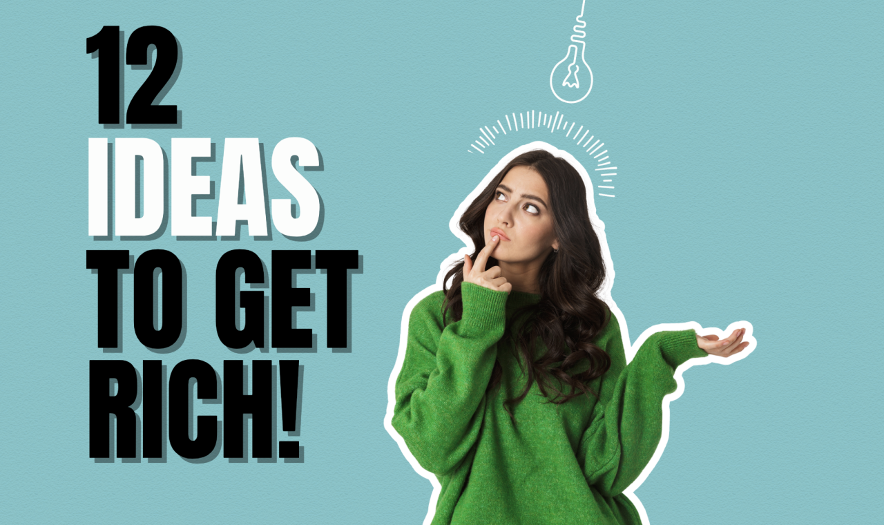 Woman pondering 12 ideas to get rich, wearing green jumper against a blue background with thought bubble icon
